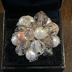 Elegant Pearl and Crystal Cluster Ring